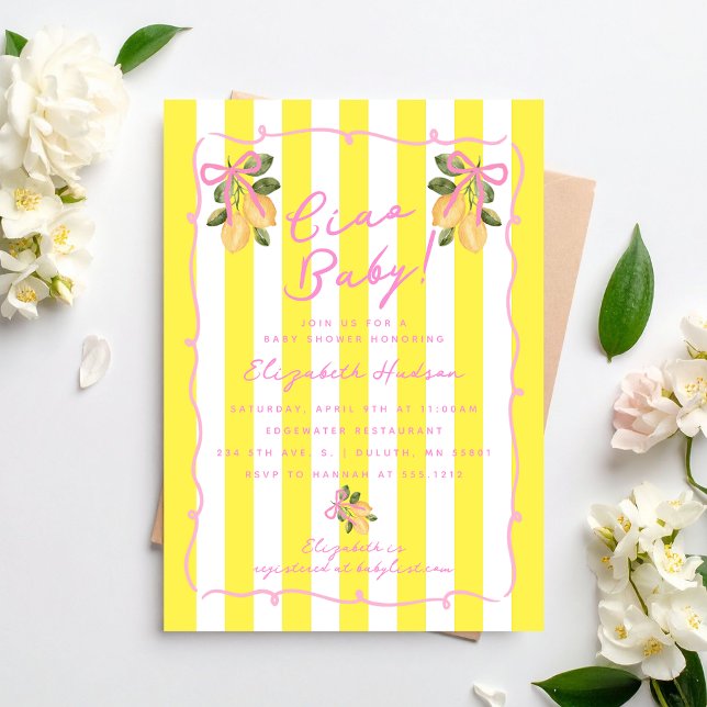 Ciao Baby Gulrandig Lemon Baby Shower Inbjudningar (Ciao Baby Yellow Stripe Lemon Baby Shower Invitation)