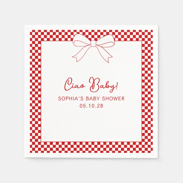 Ciao Baby! Italian Red GIngham Bow Baby Shower Pappersservett (Framsidan)