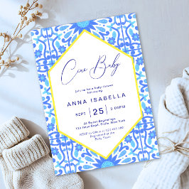 Ciao Baby italiensk Blue Tile Gult Baby Shower Inbjudningar