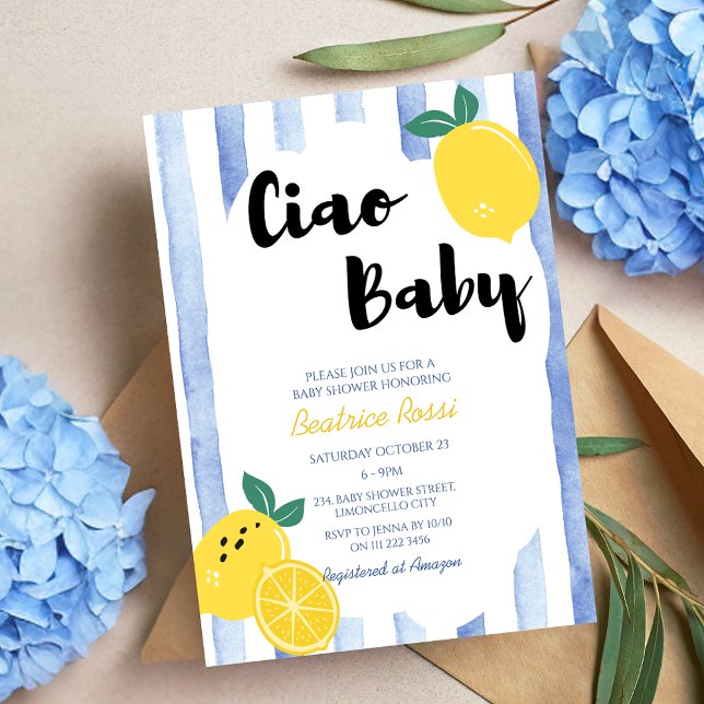 Ciao Baby Italienska babyskor för liemon Inbjudningar (Ciao Baby Italian Whimsical Lemon Baby Shower Invitation)