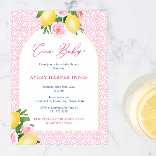 Ciao Baby Italienska inspired Lemons Rosa Baby Sho Inbjudningar (Ciao Baby Girl! Italian inspired Pink tiles, lemons & florals baby shower party invitation design)
