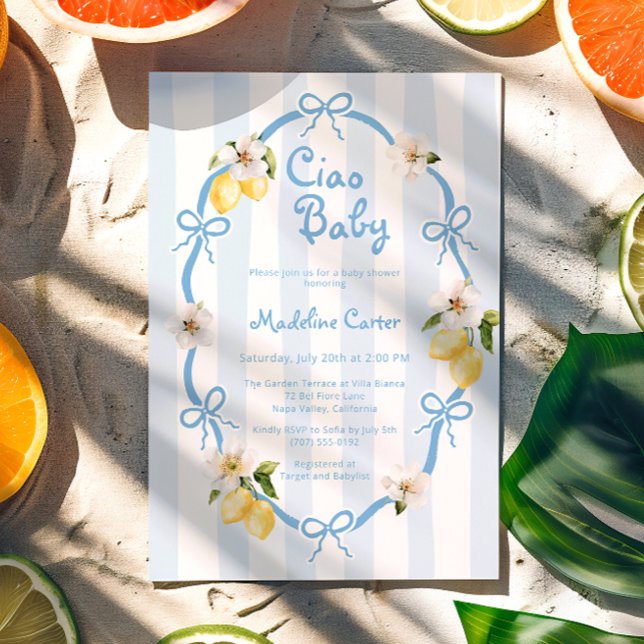 Ciao Baby Italienska Lemon Blue Bows Baby Shower Inbjudningar (Skapare uppladdad)