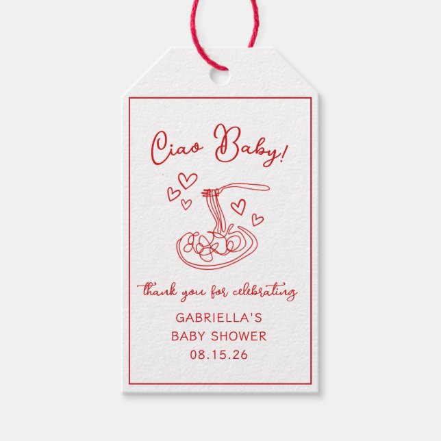 Ciao Baby! Italienska Red Pasta Baby Shower Tack Presentetikett (Framsidan)
