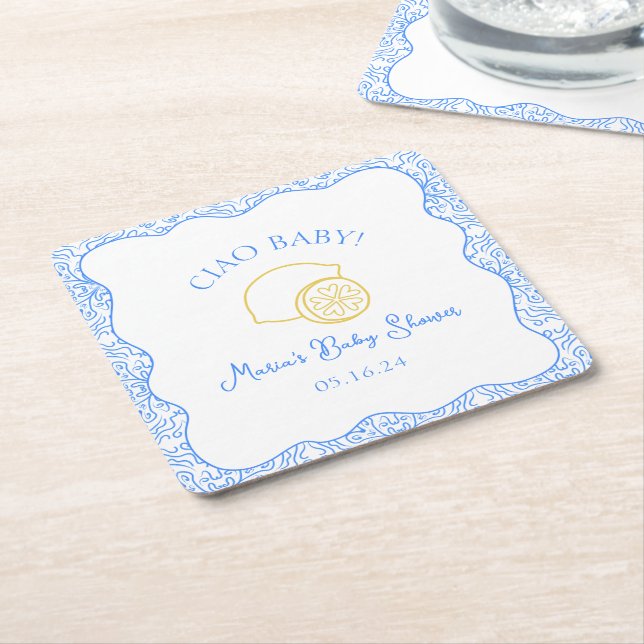 Ciao Baby! Lemon Blue Italy Baby Shower Underlägg Papper Kvadrat (Vinklad)