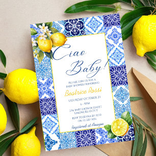 Ciao Baby Lemon Blue Tiles Italy Baby Shower Inbjudningar