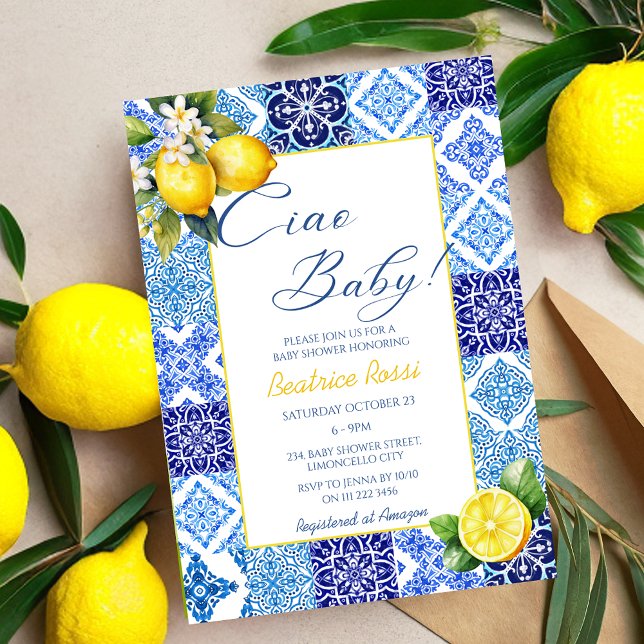 Ciao Baby Lemon Blue Tiles Italy Baby Shower Inbjudningar (Ciao Baby Lemon Blue Tiles Italian Baby Shower Invitations)