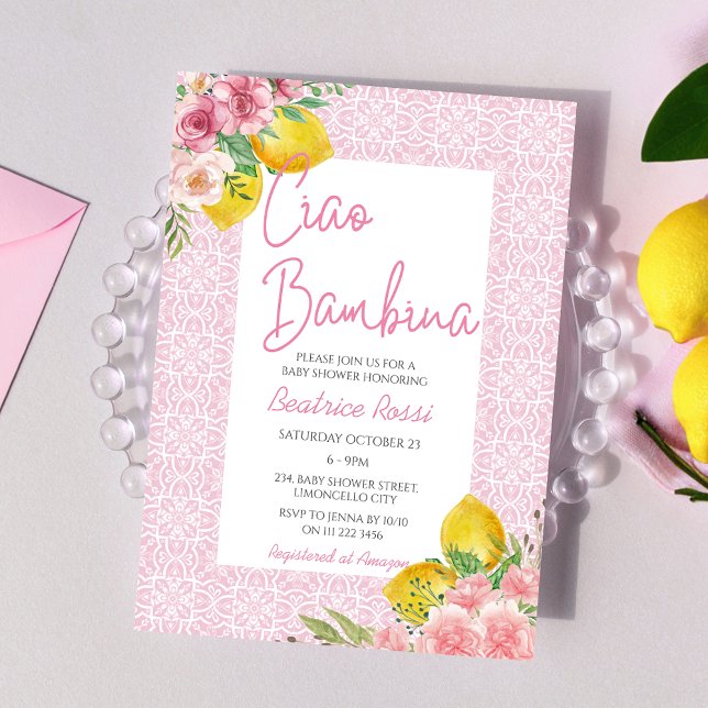 Ciao Baby Lemon Girl Rosa Italy Baby Shower Inbjudningar (Ciao Baby Lemon Girl Pink Italian Baby Shower Invitation)