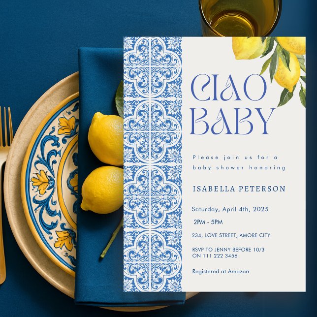Ciao Baby Lemon Italienska babyskor för Medelhavet Inbjudningar (Ciao Baby Lemon Italian Mediterranean Baby Shower Invitation)