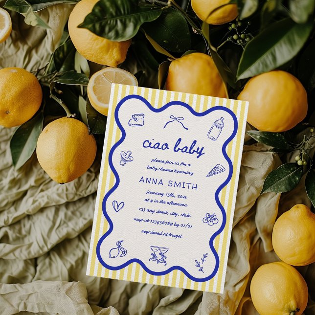 Ciao Baby Lemon Italienska Hand plockade Baby Show Inbjudningar (Ciao Baby Italian Inspired Baby Shower Hand Drawn Citrus Lemon Ciao Bambino Pizza Party Aesthetic)