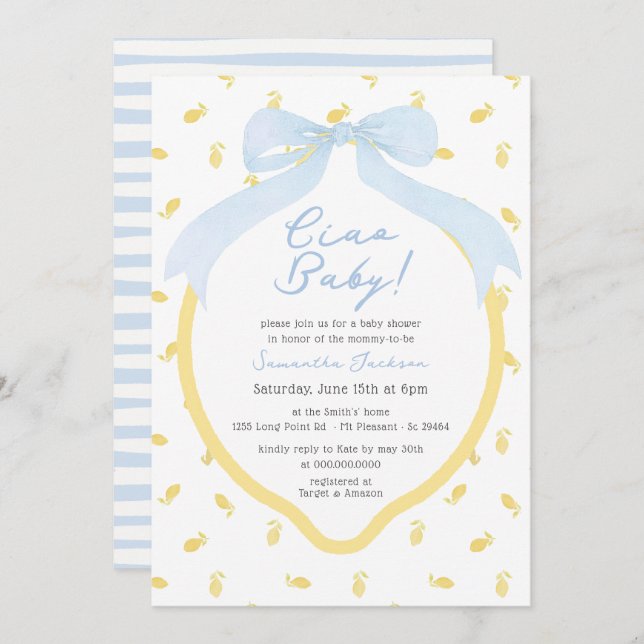 Ciao Baby Lemon och Blue Bow Boy Shower Inbjudningar (Fram/baksida)