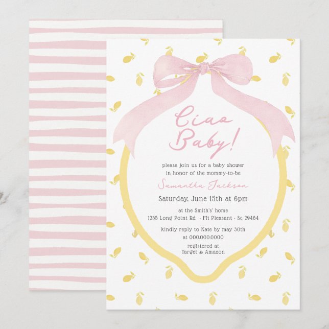 Ciao Baby Lemon & Rosa Bow Rosa Baby Shower Inbjudningar (Fram/baksida)