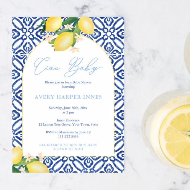 Ciao Baby Lemons Baby Shower Party for Boy Inbjudningar (Ciao baby boy! Amalfi inspired baby shower party invite with blue tile background lemons arch shape)