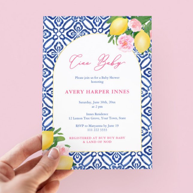 Ciao Baby Lemons Rosa Cobalt Blue Girl Baby Shower Inbjudningar (Ciao baby! Italian inspired baby shower invite for girl with lemons, pink flowers and blue tiles)