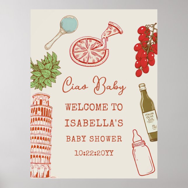 Ciao Baby Line Art Italian Pizza Baby Shower Poster (Framsidan)