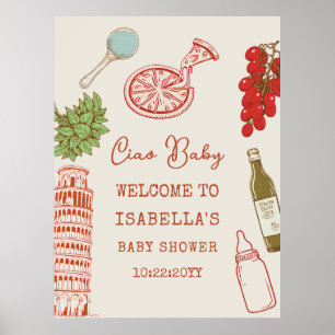 Ciao Baby Line Art Italiensk Pizza Baby Shower Poster