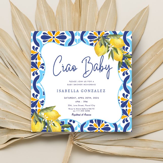 Ciao Baby Mediterranean Majolica Tile Lemon Shower Inbjudningar (Ciao Baby Mediterranean Majolica Tile Lemon Shower Invitation)