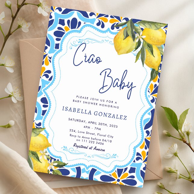 Ciao Baby Mediterranean Majolica Tiles Shower Inbjudningar (Ciao Baby Mediterranean Majolica Tiles Shower Invitation)