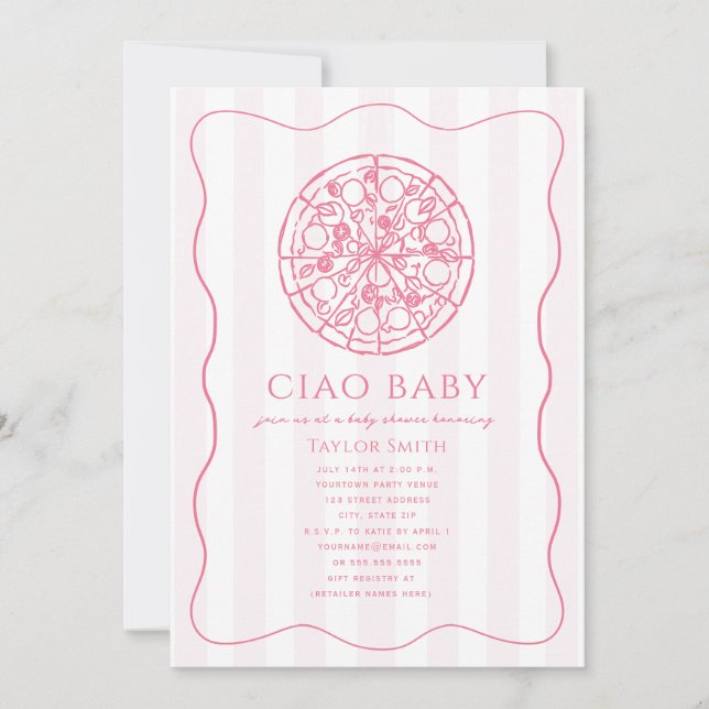 Ciao Baby Rosa Pizzaflicka Bebisfest Inbjudningar (Framsida)