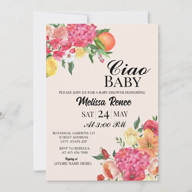 Ciao Baby shower Blommig Inbjudan (Framsida)