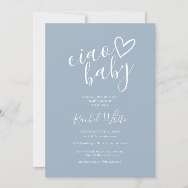 Ciao Baby Shower Heart Dusty Blue Minimalist Inbjudningar (Framsida)