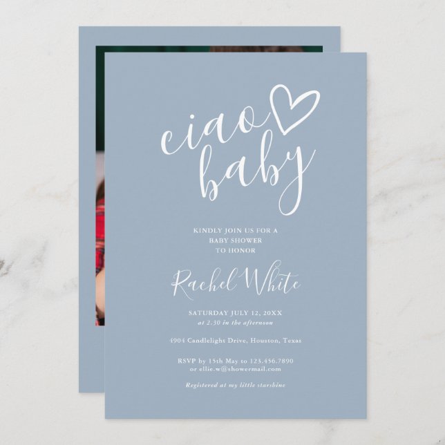 Ciao Baby Shower Heart Dusty Blue Minimalist Photo Inbjudningar (Fram/baksida)