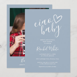 Ciao Baby Shower Hjärta Dammig Blå Minimalistisk F Inbjudningar