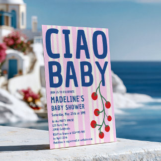 Ciao Baby Shower Italiensk Retro Rosa Randig Blå Inbjudningar