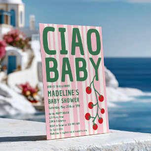 Ciao Baby Shower Italiensk Retro Rosa Randig Grön Inbjudningar