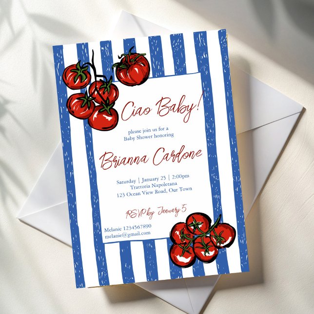 Ciao baby tomat blåa ränder Italiensk baby shower Inbjudningar (Ciao baby cherry tomato blue stripes Italian baby shower Invitation cards template)