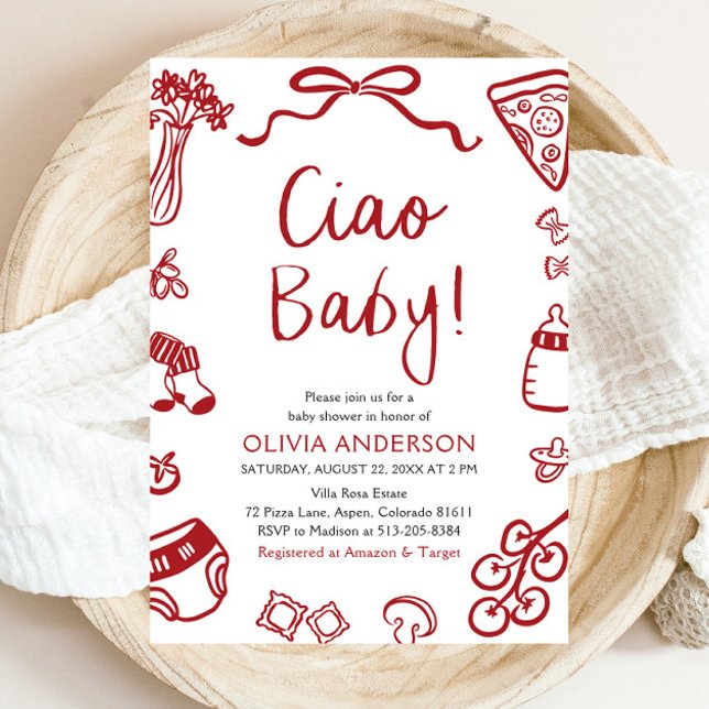Ciao Baby Whimsical Italy Pizza Cute Baby Shower Inbjudningar (Watercolor Ciao Baby Whimsical Italian Pizza Cute Baby Shower Invitation)