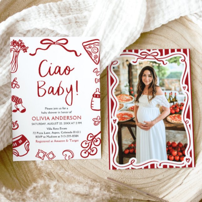 Ciao Baby Whimsical Italy Pizza Cute Baby Shower Inbjudningar (Watercolor Ciao Baby Whimsical Italian Pizza Cute Baby Shower Invitation)