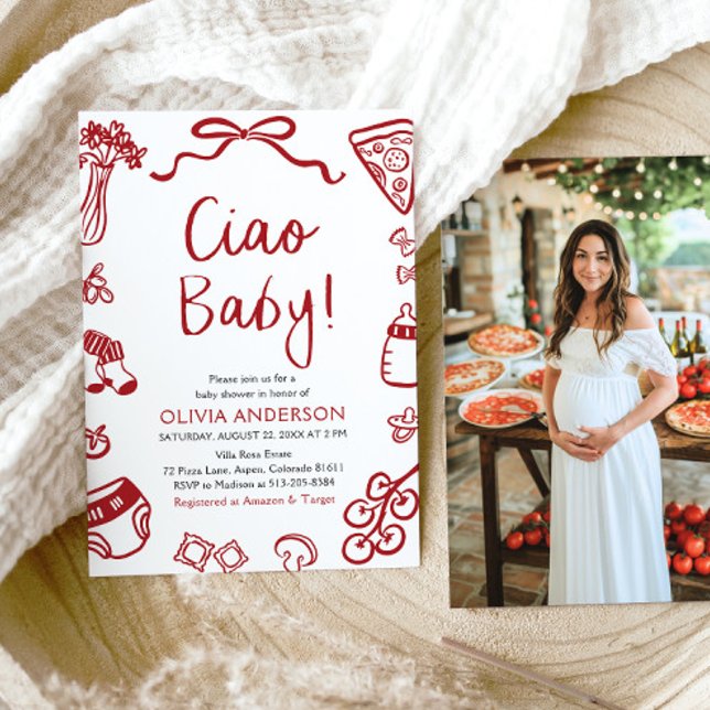 Ciao Baby Whimsical Italy Pizza Cute Baby Shower Inbjudningar (Watercolor Ciao Baby Whimsical Italian Pizza Cute Baby Shower Invitation)