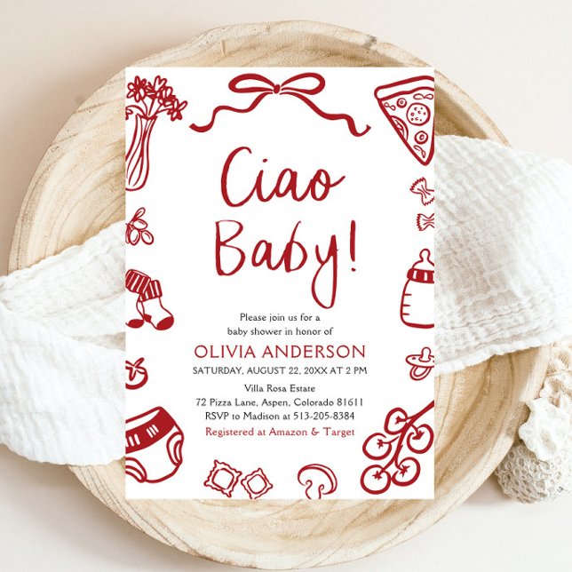 Ciao Baby Whimsical Italy Pizza Cute Baby Shower Inbjudningar (Watercolor Ciao Baby Whimsical Italian Pizza Cute Baby Shower Invitation)