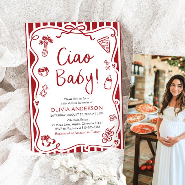 Ciao Baby Whimsical Italy Pizza Cute Baby Shower Inbjudningar (Watercolor Ciao Baby Whimsical Italian Pizza Cute Baby Shower Invitation)