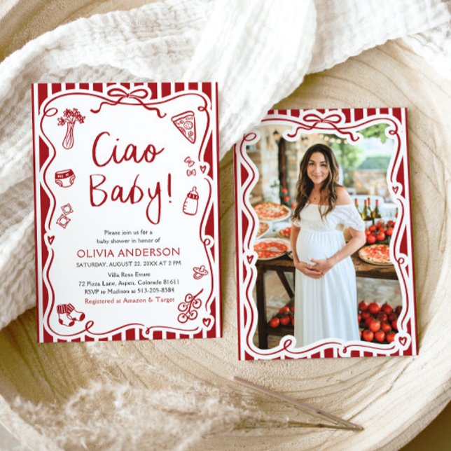 Ciao Baby Whimsical Italy Pizza Cute Baby Shower Inbjudningar (Watercolor Ciao Baby Whimsical Italian Pizza Cute Baby Shower Invitation)