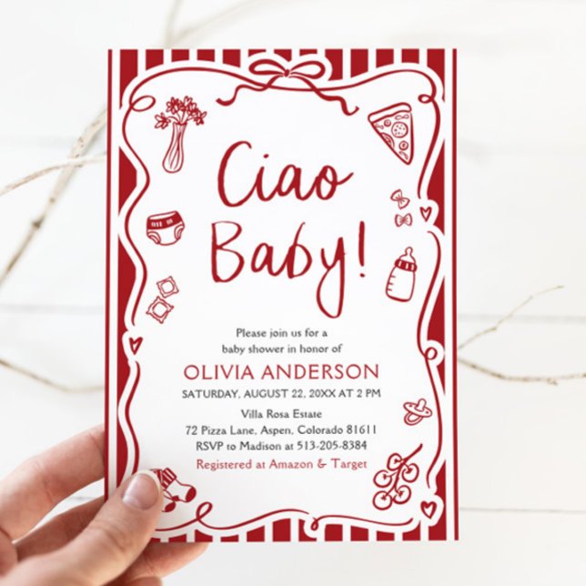 Ciao Baby Whimsical Italy Pizza Cute Baby Shower Inbjudningar (Watercolor Ciao Baby Whimsical Italian Pizza Cute Baby Shower Invitation)