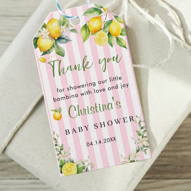 Ciao Bambina Baby Shower Tack för Märkrn Presentetikett (Ciao Bambina Pink Citrus lemons Baby shower Thank you Gift tag)