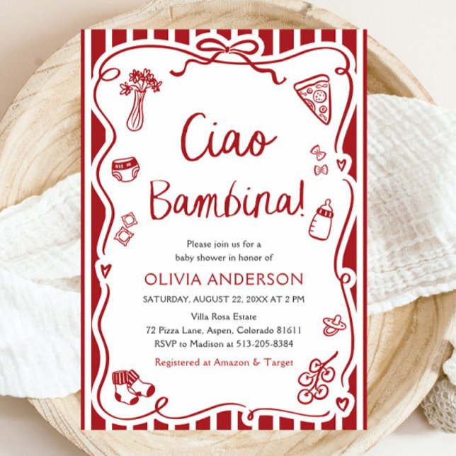 Ciao Bambina Girl Whimsical Italy Baby Shower Inbjudningar (Watercolor Ciao Bambina Girl Whimsical Italian Baby Shower Invitation)
