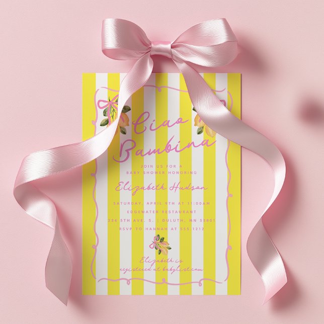 Ciao Bambina Gulrandig Citron Baby Shower Inbjudningar (Ciao Bambina baby shower invite Lemon garden baby shower invite)