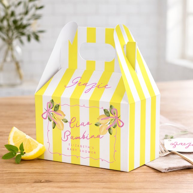 Ciao Bambina Gulrandig Citron Bebisens Första Dag Presentaskar (Ciao-Bambina-Yellow-Stripe-Lemon-Baby-Shower-Favor-Boxes)