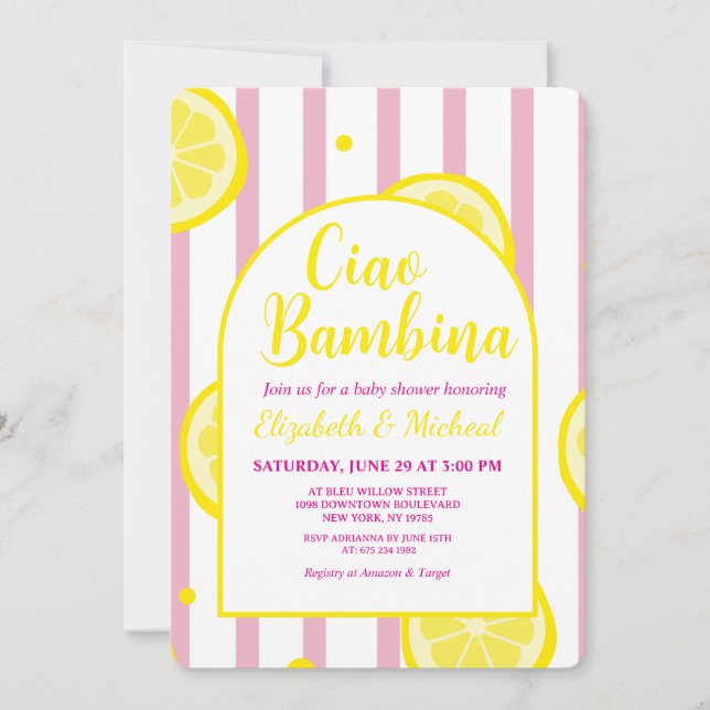 Ciao Bambina Rosa och Vit Baby Shower Inbjudan (Framsida)