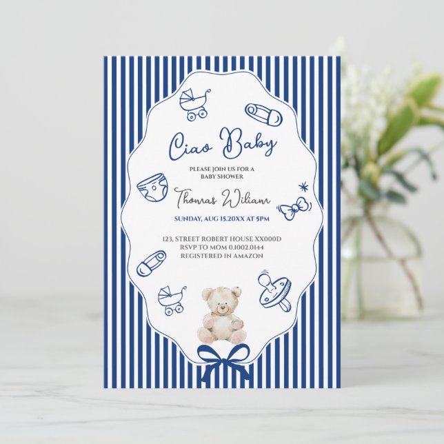 Ciao bambino baby blue shower inbjudan (Stående Fram)
