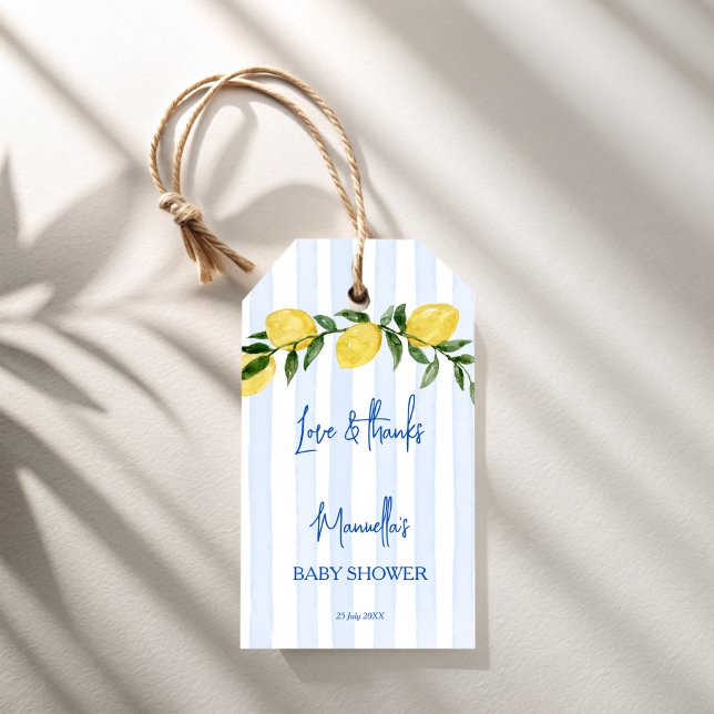 Ciao bambino citronor italiensk baby shower presen presentetikett (Ciao bambino blue stripes  lemons Italian baby shower personalized favor Gift Tags)
