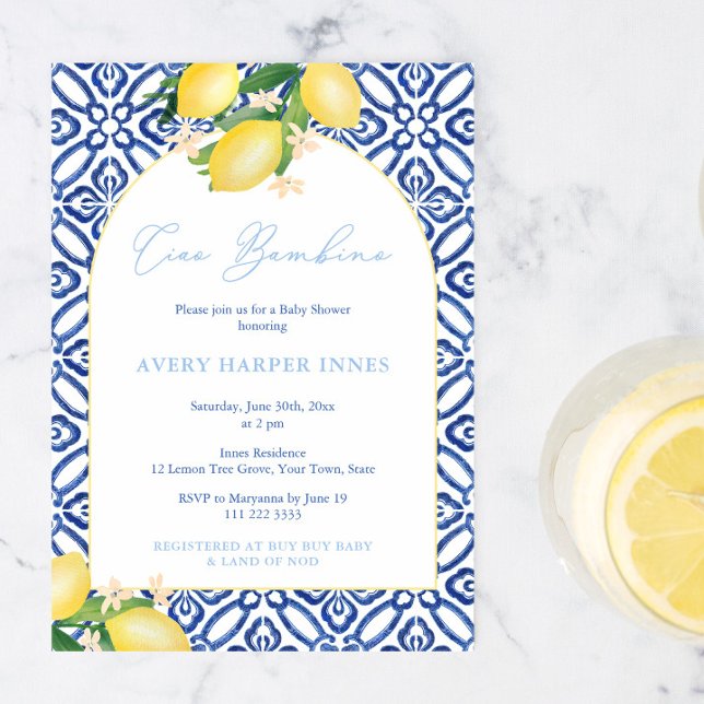 Ciao Bambino Lemons Arch Boy Shower Party Inbjudningar (Ciao Bambino Italian inspired lemons baby shower invitation to welcome a little boy. )