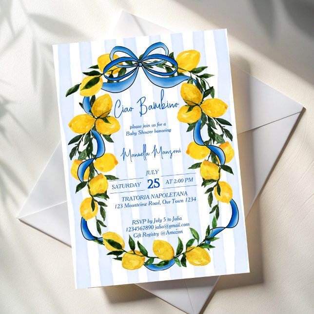 Ciao bambino lemons blue bow italiensk babydusch inbjudningar (Ciao bambino lemons blue bow stripped Italian baby shower Invitation cards template)