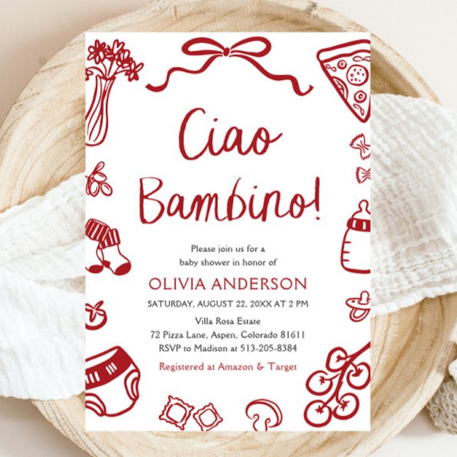 Ciao Bambino Whimsical Italiana Pizza Baby Shower Inbjudningar (Watercolor Ciao Bambino Whimsical Italian Pizza Baby Shower Invitation)