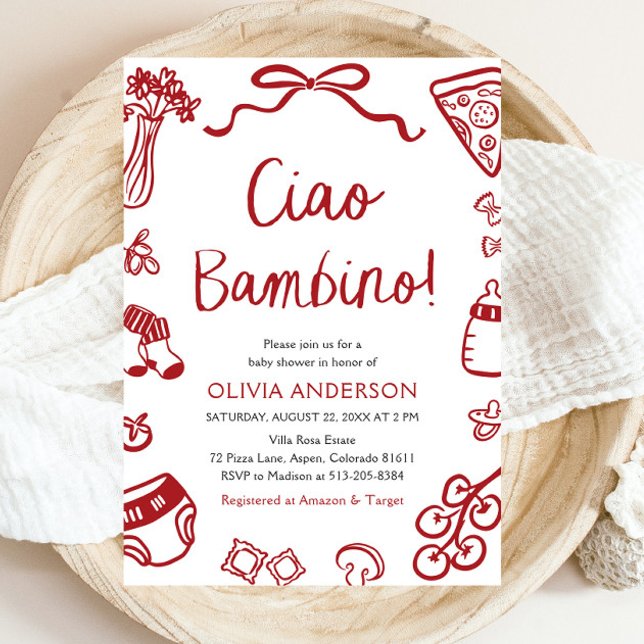 Ciao Bambino Whimsical Italiana Pizza Baby Shower Inbjudningar (Watercolor Ciao Bambino Whimsical Italian Pizza Baby Shower Invitation)