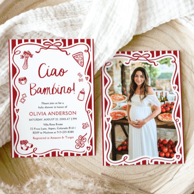 Ciao Bambino Whimsical Italiana Pizza Baby Shower Inbjudningar (Watercolor Ciao Bambino Whimsical Italian Pizza Baby Shower Invitation)