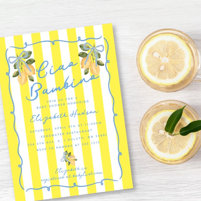 Ciao Bambino Yellow Stripe Blue Lemon Baby Shower Inbjudningar (Ciao Bambino Yellow Stripe Blue Lemon Baby Shower Invitation)