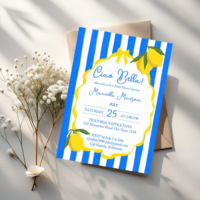 Ciao bella blåa ränder citroner bröllopsdusch inbjudningar (Ciao bella blue stripes wavy border lemons quirky Italian bridal shower invitation template)